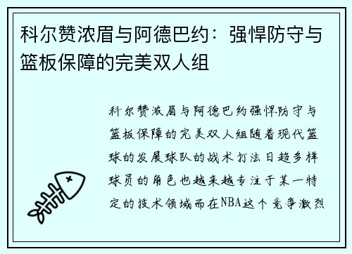 科尔赞浓眉与阿德巴约：强悍防守与篮板保障的完美双人组