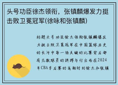 头号功臣徐杰领衔，张镇麟爆发力挺击败卫冕冠军(徐咏和张镇麟)